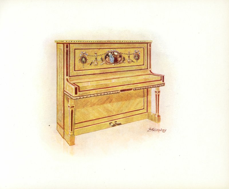 Stránka z uměleckého katalogu Steinway & Sons (barevné lito) od English School