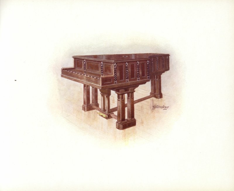 Stránka z uměleckého katalogu Steinway & Sons (barevné lito) od English School