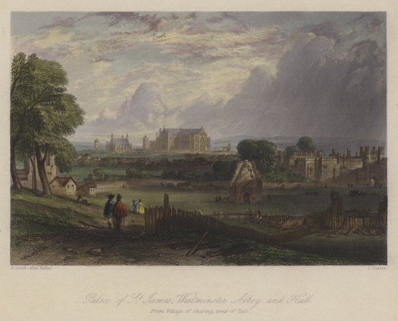 Palace of St James, Westminster Abbey and Hall, Londýn (barevná rytina) od English School