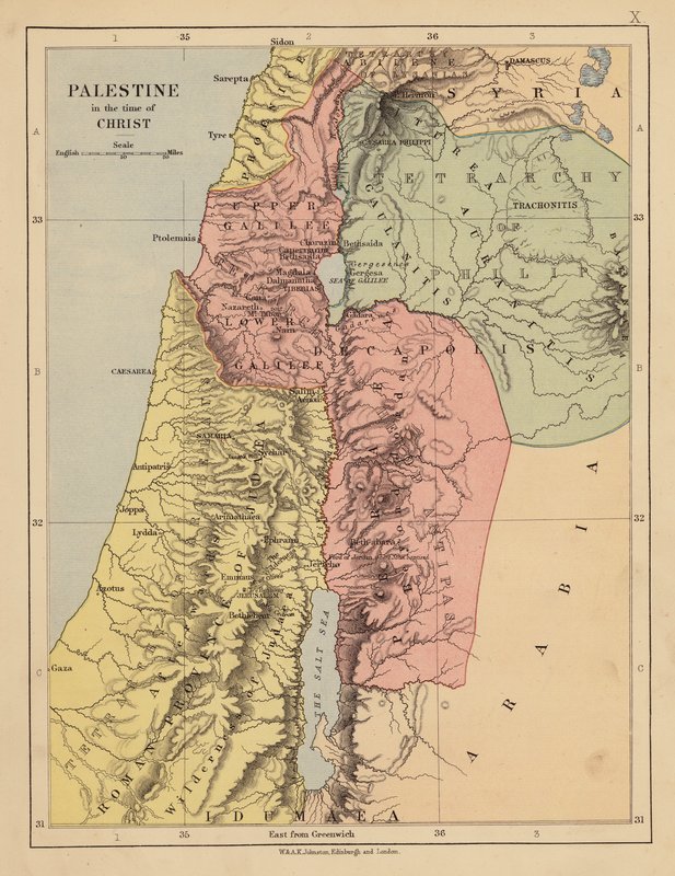 Palestina v době Kristově (barevná litografie) od English School