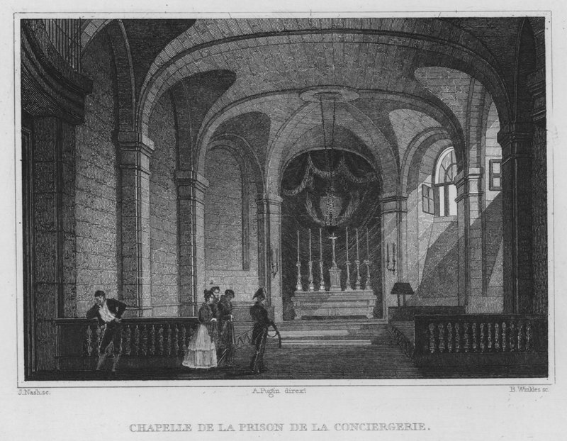 Paříž, kaple věznice Conciergerie (rytina) od English School