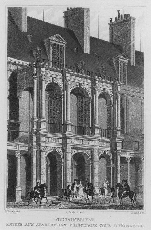 Paříž, Fontainebleau, vchod do hlavních apartmánů Court of Honor (rytina) od English School
