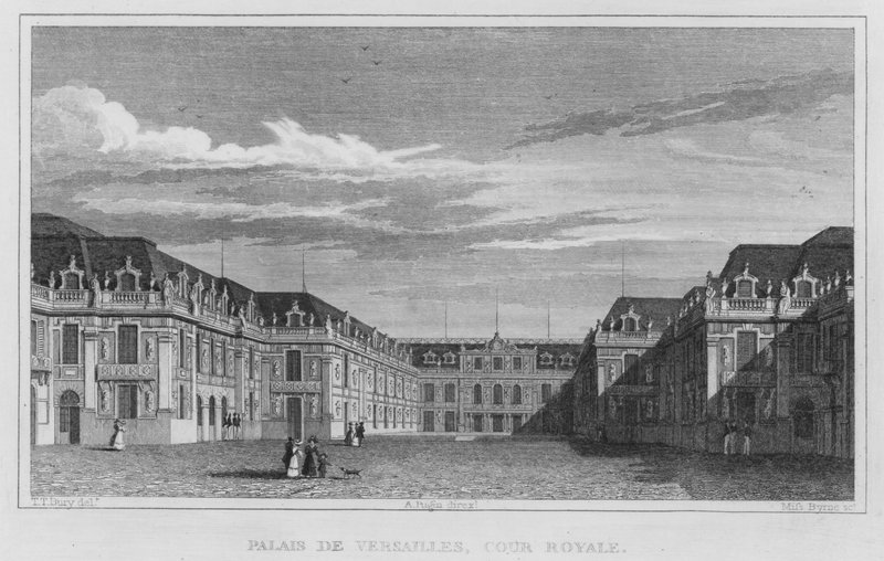 Paříž, palác ve Versailles, královský dvůr (rytina) od English School