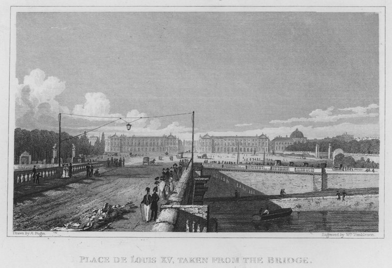 Paříž, Place de Louis XV, převzato z mostu (rytina) od English School