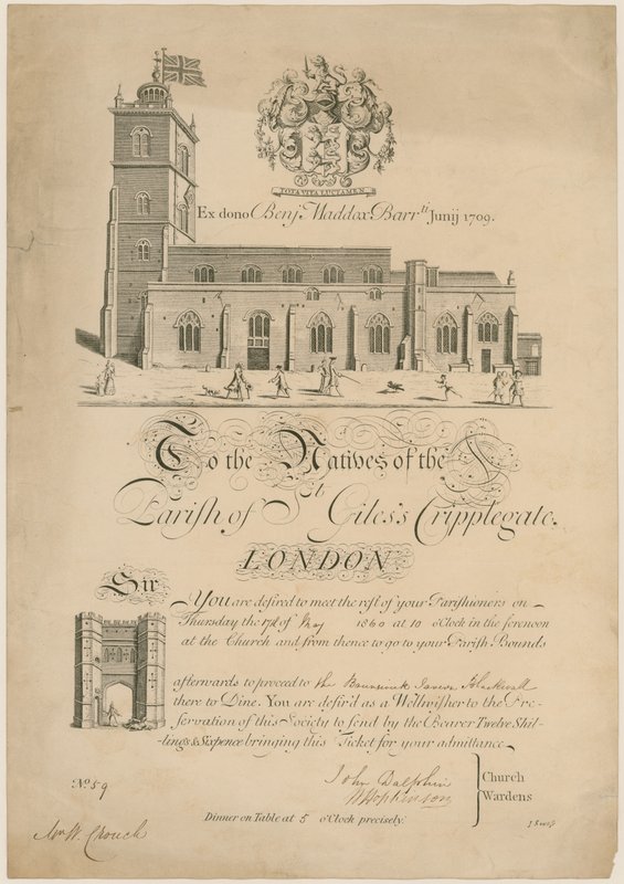 Farnost St Giles Cripplegate, překonávající hranice, pozvánka, 1860 od English School