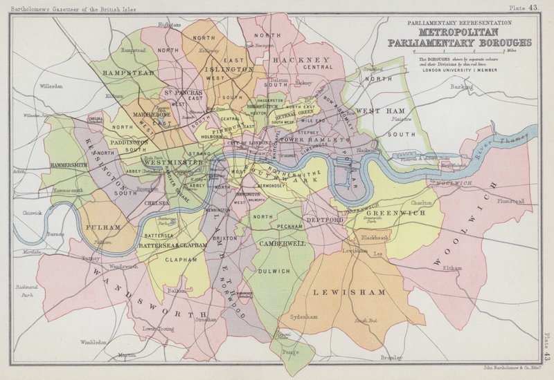 Parlamentní zastoupení, metropolitní parlamentní obvody (barevná litografie) od English School