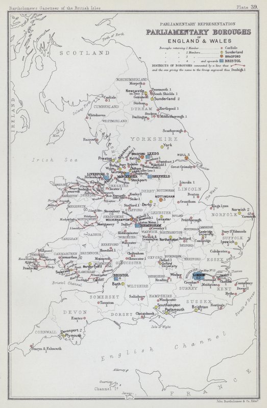 Parlamentní zastoupení, parlamentní obvody Anglie a Walesu (barevná litografie) od English School