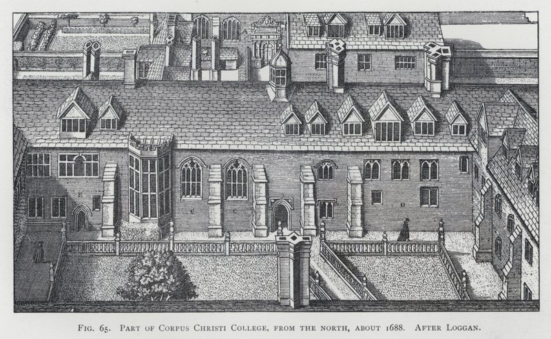 Část Corpus Christi College, od severu, asi 1688, po Loggan (rytina) od English School