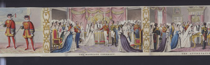 Část panoramatu svatby královny Viktorie, kolem roku 1840 (ručně kolorovaná akvatinta) od English School
