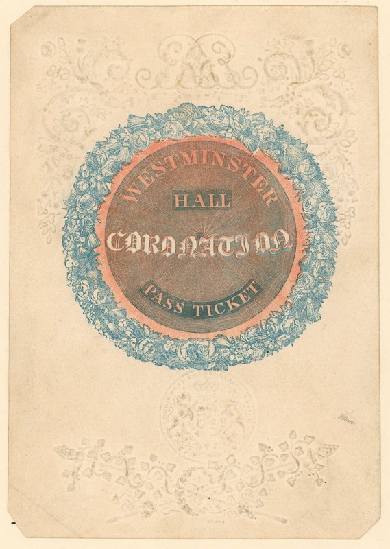 Vstupenka na Velkou korunovační hostinu krále Jiřího IV. ve Westminster Hall, 17. července 1821 od English School