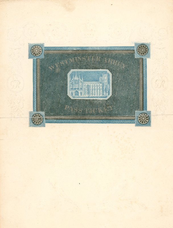 Vstupenka do Westminsterského opatství na korunovaci krále Jiřího IV., 17. července 1821 od English School