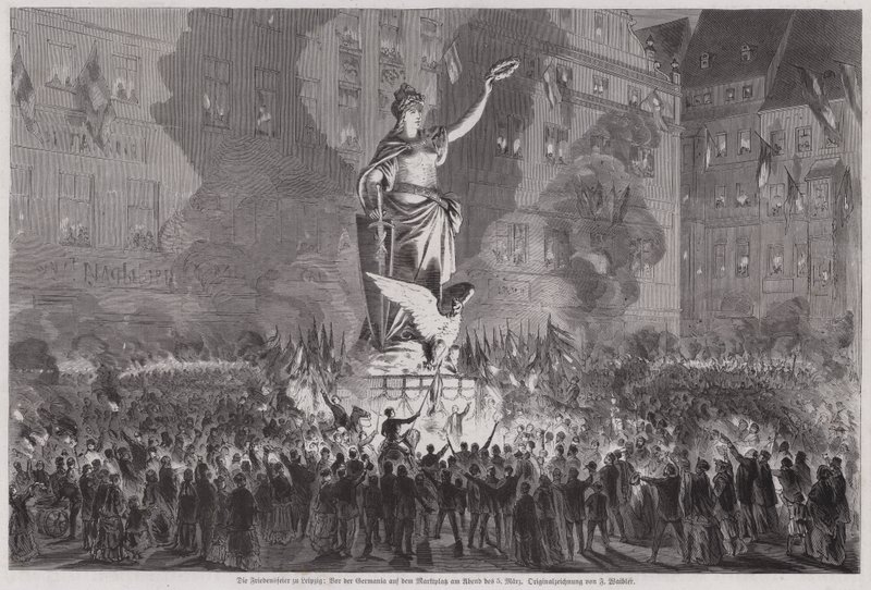Mírové oslavy před sochou Germania na náměstí v Lipsku, Německo, večer 5. března 1870 (rytina) od English School