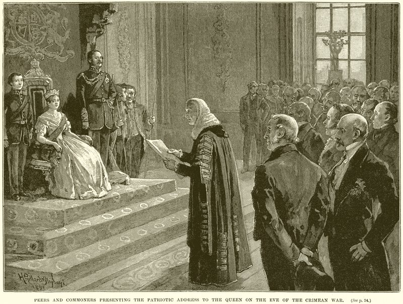 Peers a Commoners představující vlastenecký projev ke královně v předvečer krymské války od English School