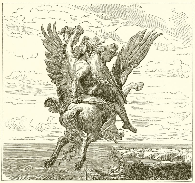 Perseus na okřídleném koni Pegasus s hlavou Medúzy od English School