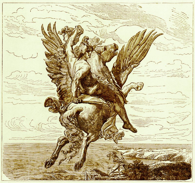 Perseus na okřídleném koni Pegas, s hlavou Medusy, ilustrace z Ilustrované historie světa, publikované kolem roku 1880 (digitálně vylepšený obrázek) od English School