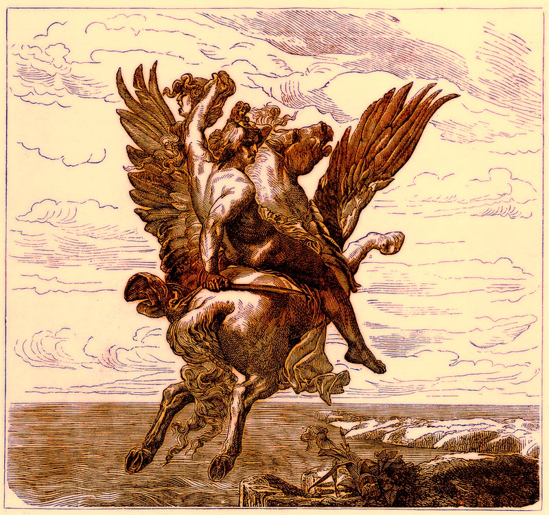 Perseus na okřídleném koni Pegas, s hlavou Medusy, ilustrace z Ilustrované historie světa, publikované kolem roku 1880 (digitálně vylepšený obrázek) od English School