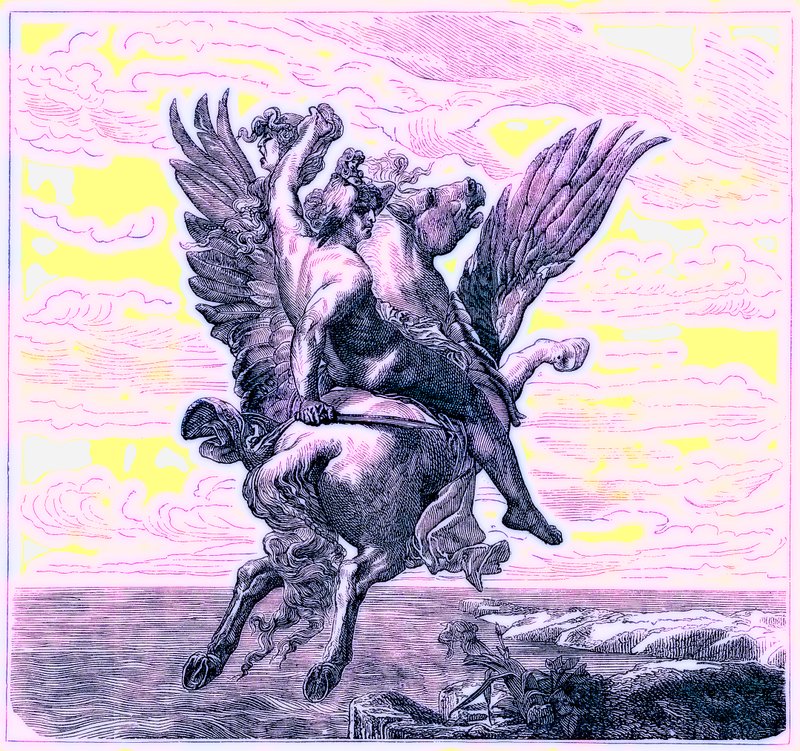 Perseus na okřídleném koni Pegas, s hlavou Medusy, ilustrace z Ilustrované historie světa, publikované kolem roku 1880 (digitálně vylepšený obrázek) od English School