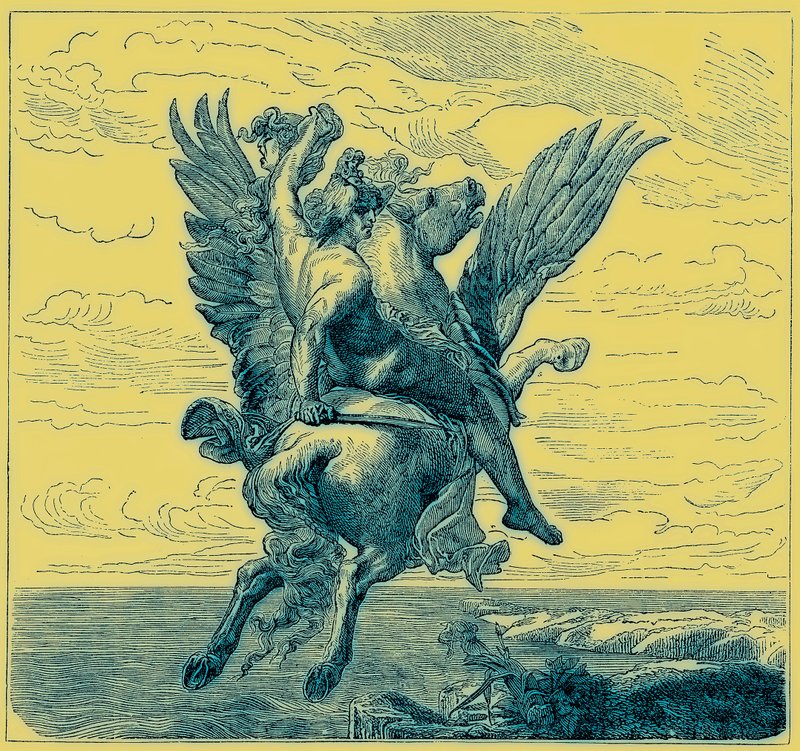 Perseus na okřídleném koni Pegasus s hlavou Medúzy, ilustrace z „Ilustrované historie světa“, publikované kolem roku 1880 (digitálně vylepšený obrázek) od English School