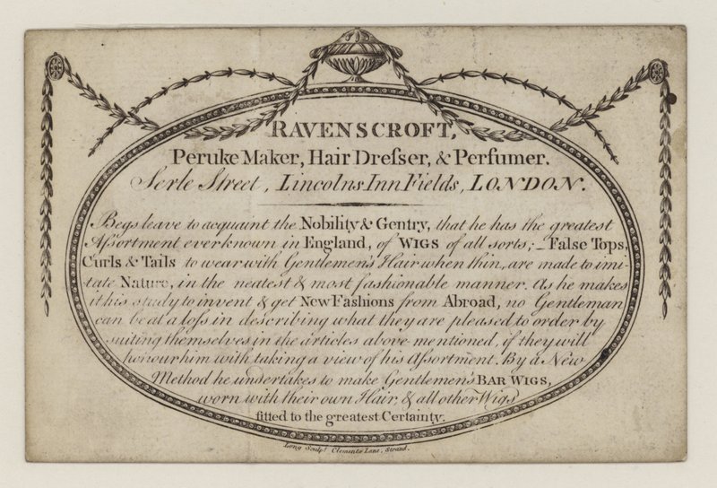 Výrobce Peruke, Ravenscroft, obchodní karta od English School