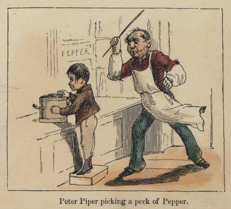 Peter Piper sbírá pecku pepře (barevná rytina) od English School