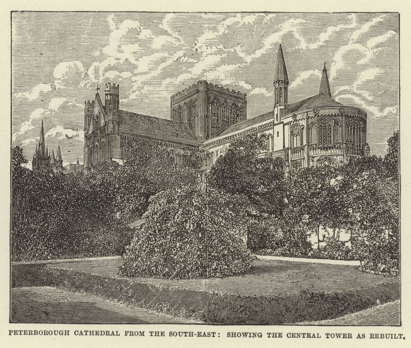 Peterboroughská katedrála z jihovýchodu, zobrazující přestavěnou Central Tower od English School