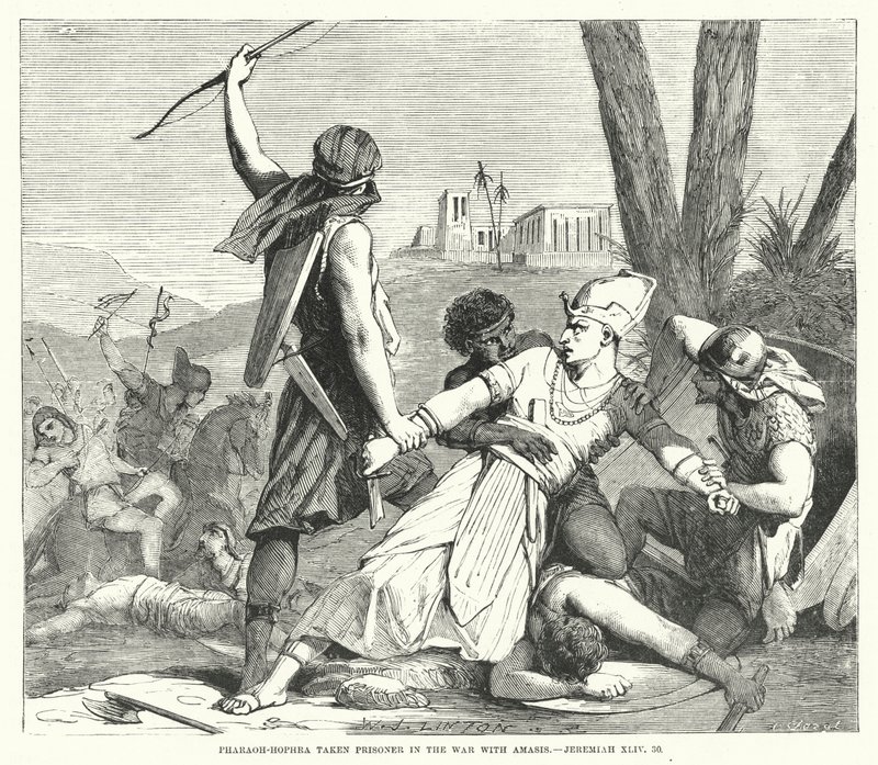 Pharaoh-Hophra zajat ve válce s Amasisem, Jeremiáš XLIV, 30 (rytina) od English School