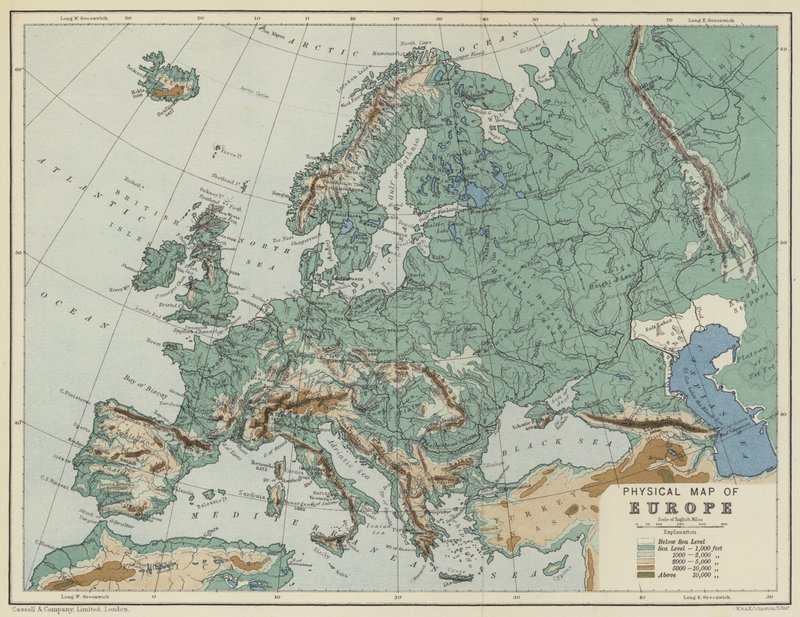 Fyzická mapa Evropy (barevná litografie) od English School