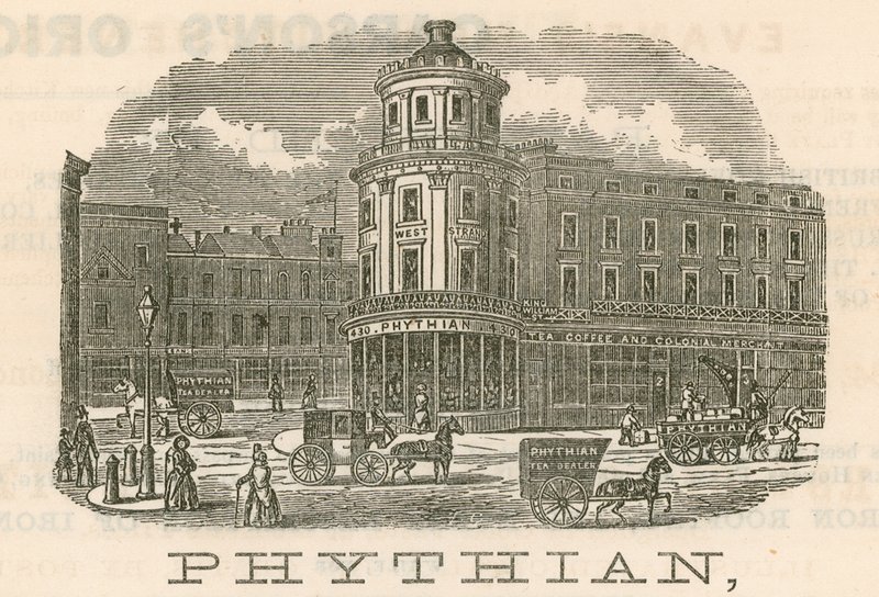 Phythian, velkoobchod a rodinný prodejce čaje a zahraniční skladník, 430 West Strand a 1-3 King William Street, Londýn od English School