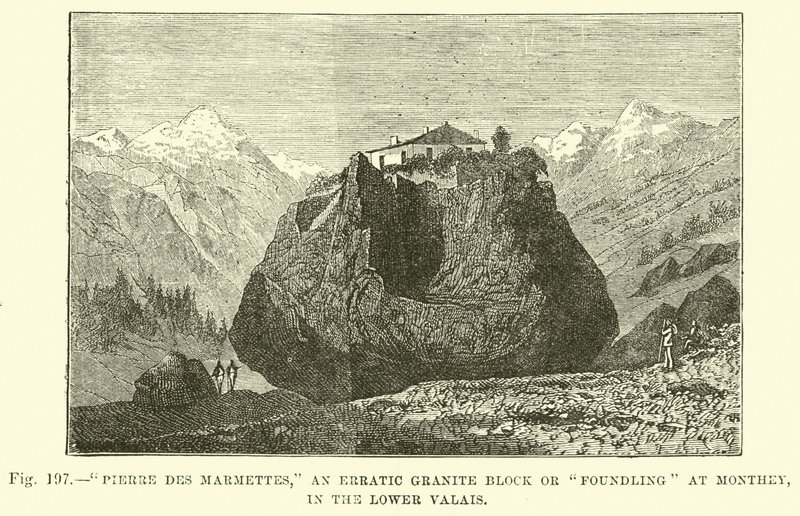 Pierre des Marmettes, nevyzpytatelný žulový blok nebo nalezenec v Monthey, v Dolním Valais od English School