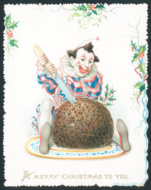 Pierrot řezání švestkový pudink, vánoční přání od English School