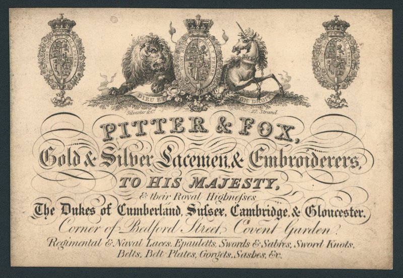 Pitter and Fox, Gold and Silver Laceman and Embroiderers, Bedford Street, Covent Garden, obchodní karta od English School