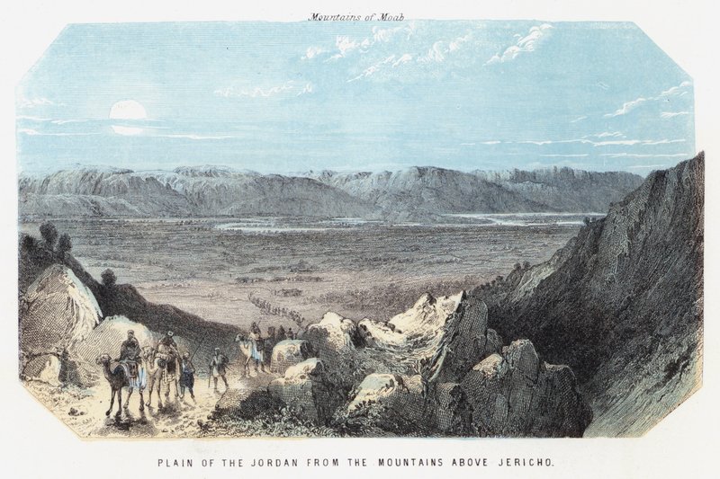 Rovina Jordánu z hor nad Jerichem (barevná rytina) od English School