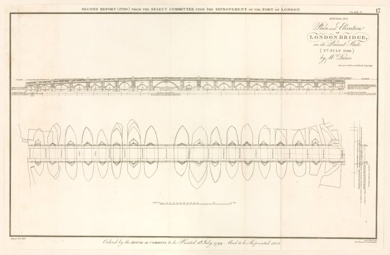 Plán a výška London Bridge k 2. červenci 1799 od English School