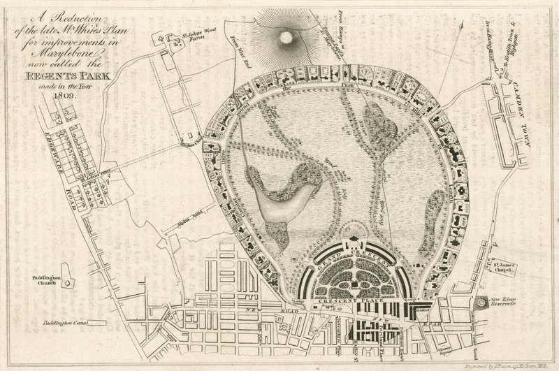 Plán úprav v londýnské čtvrti Marylebone, nyní nazývané Regents Park, z roku 1809. od English School