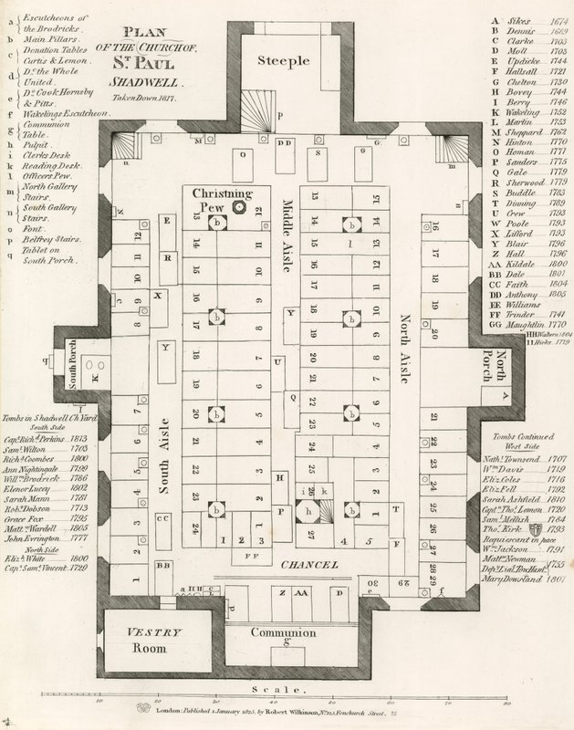 Plán kostela svatého Pavla v Shadwellu v Londýně z roku 1817 od English School