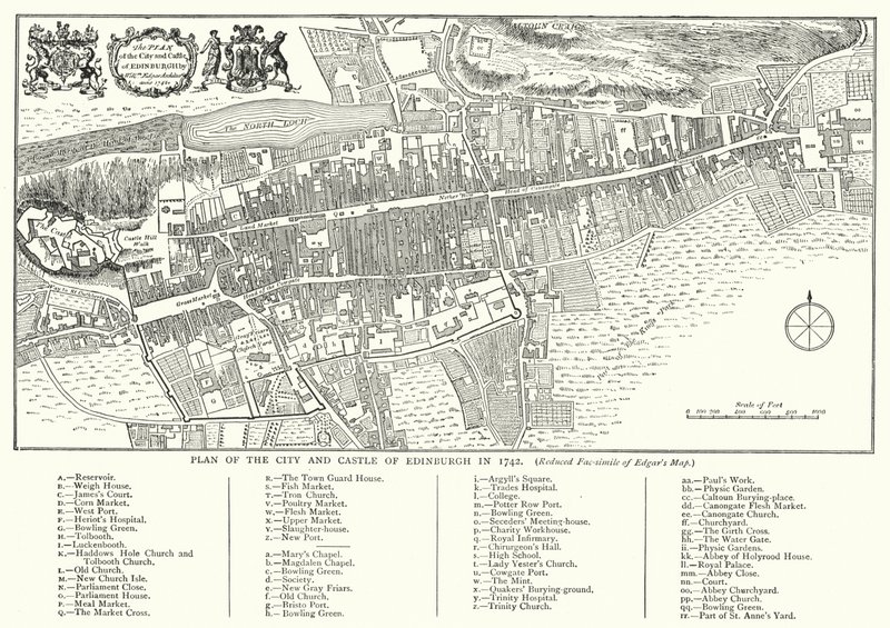 Plán města a hradu Edinburgh v roce 1742 (rytina) od English School
