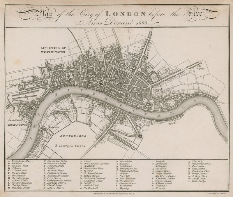 Plán City of London před požárem v roce 1666 od English School