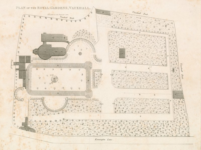 Plán královských zahrad, Vauxhall, Londýn od English School