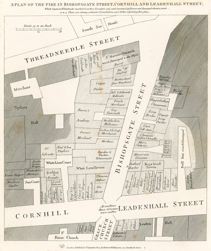 Plán požáru v Bishopsgate Street, Cornhill a Leadenhall Street, Londýn, který začal 7. listopadu 1765 od English School