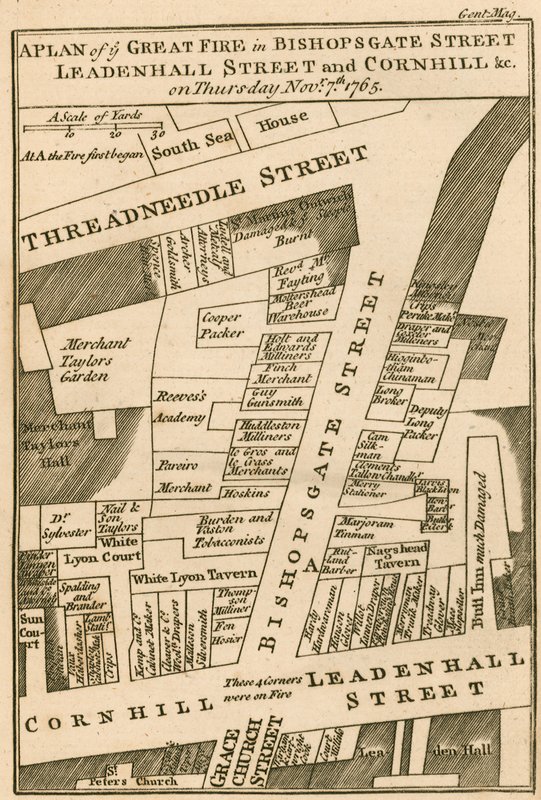 Plán požáru v Bishopsgate Street, Cornhill a Leadenhall Street, Londýn, který začal 7. listopadu 1765 od English School