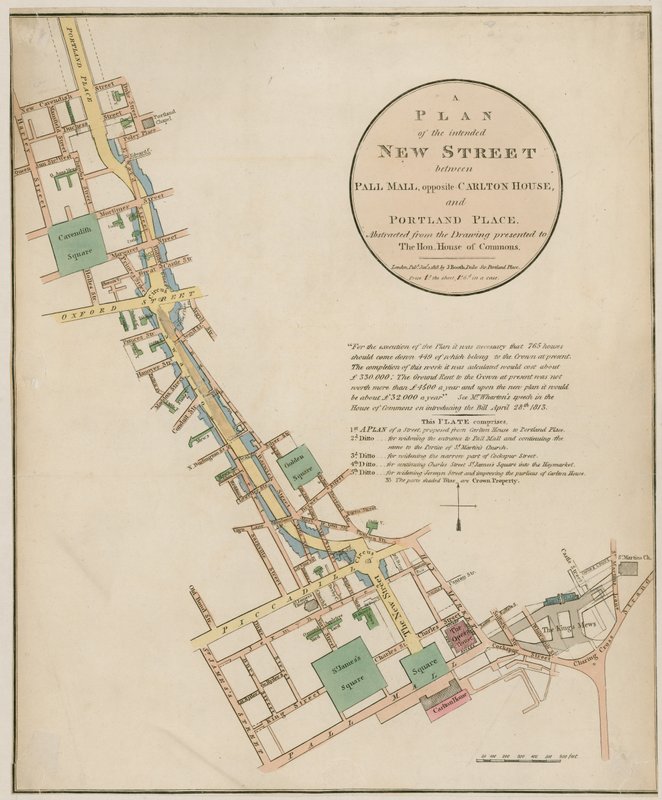 Plán zamýšlené nové ulice (Regent Street) mezi Pall Mall a Portland Place od English School