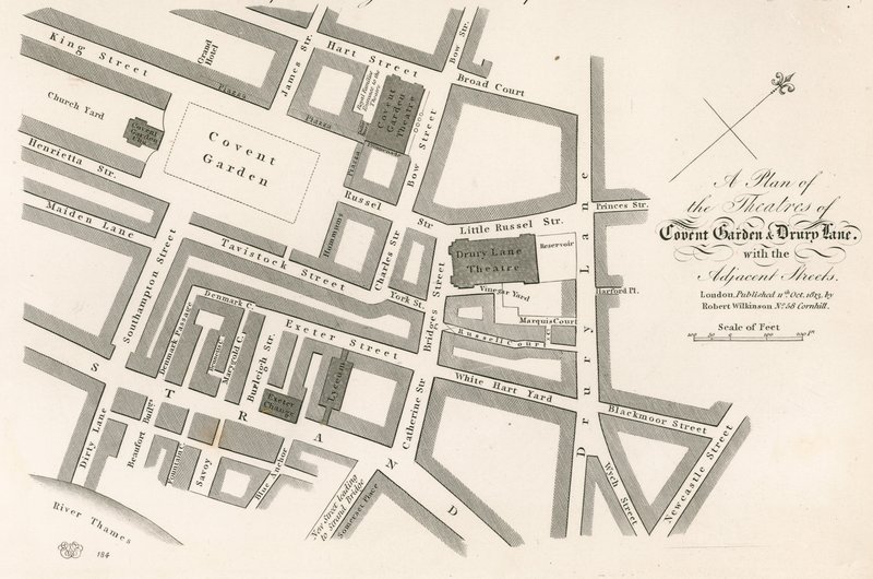 Plán divadel Covent Garden v Londýně od English School