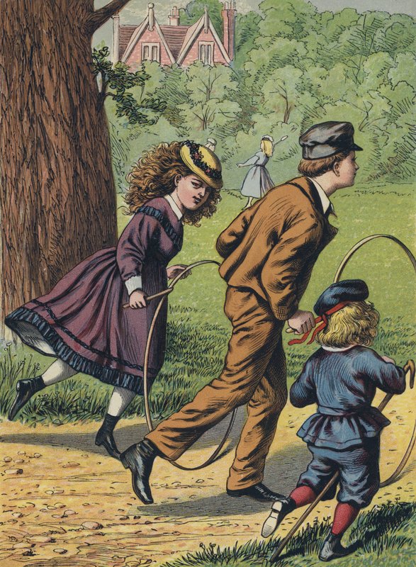 Hra s obručemi v parku (barevná litografie) od English School