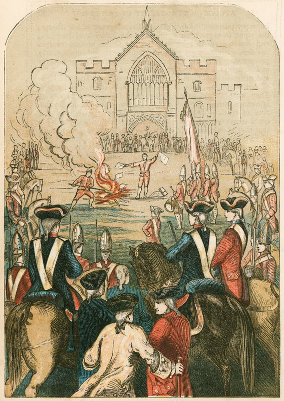 Politické noviny, zvané „Constitutional Queries“, spálené obyčejným oběšencem, 1751 od English School