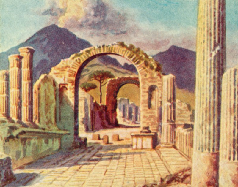 Pompeje, pohled na Vesuv (barevná litografie) od English School