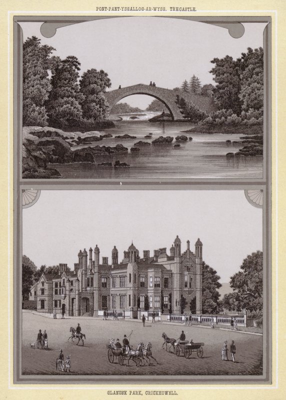 Pont-pant-thrush-on-Usk, Trecastle; Glanusk Park, Crickhowell (litho) od English School