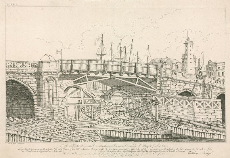 Část Old London Bridge, nakreslený v roce 1826 během stavebních prací od English School
