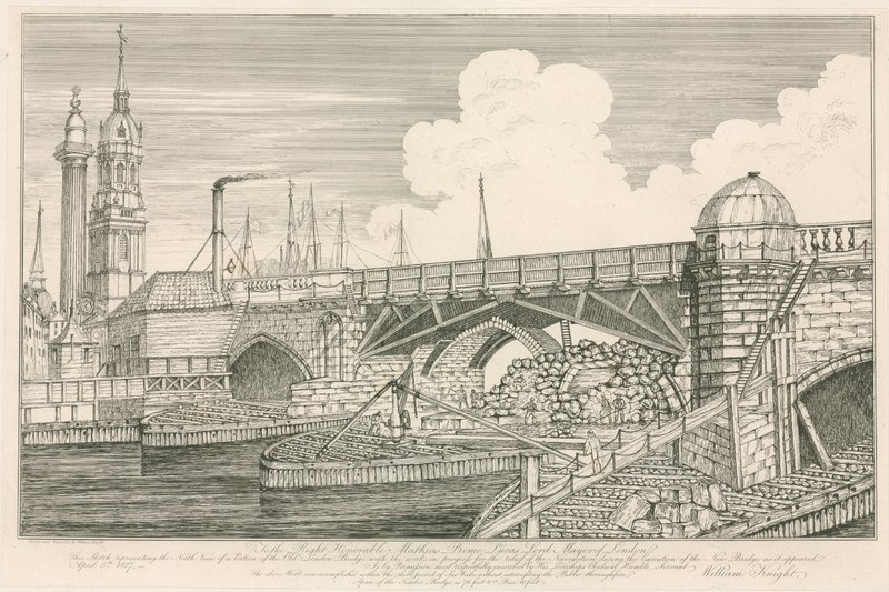 Část Old London Bridge, nakreslený v roce 1827 během stavebních prací od English School