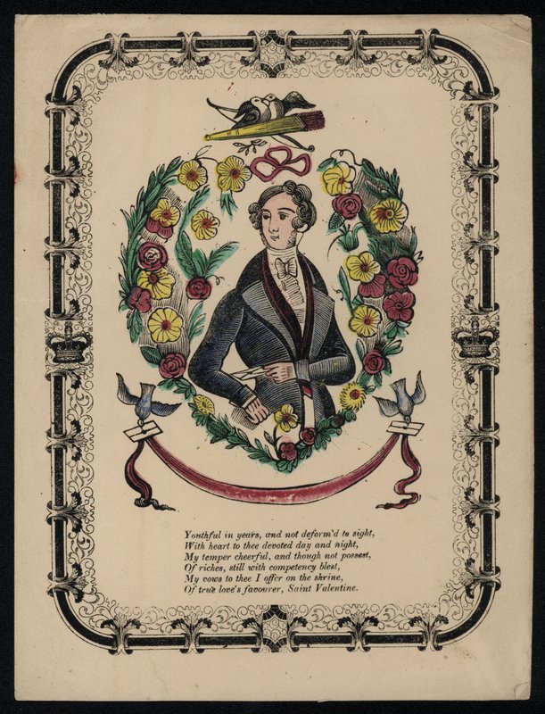 Portrét pohledného muže, valentýnská báseň (barevná rytina) od English School