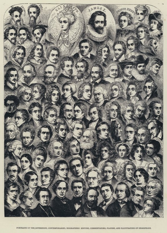 Portréty panovníků, současníků, životopisců, redaktorů, komentátorů, hráčů a ilustrátorů Shakspeara (rytina) od English School